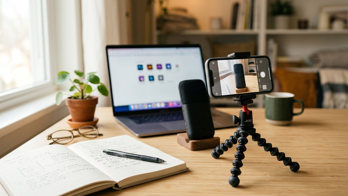 AI influencer persona filming a short affiliate product review reel with a phone on a ring light