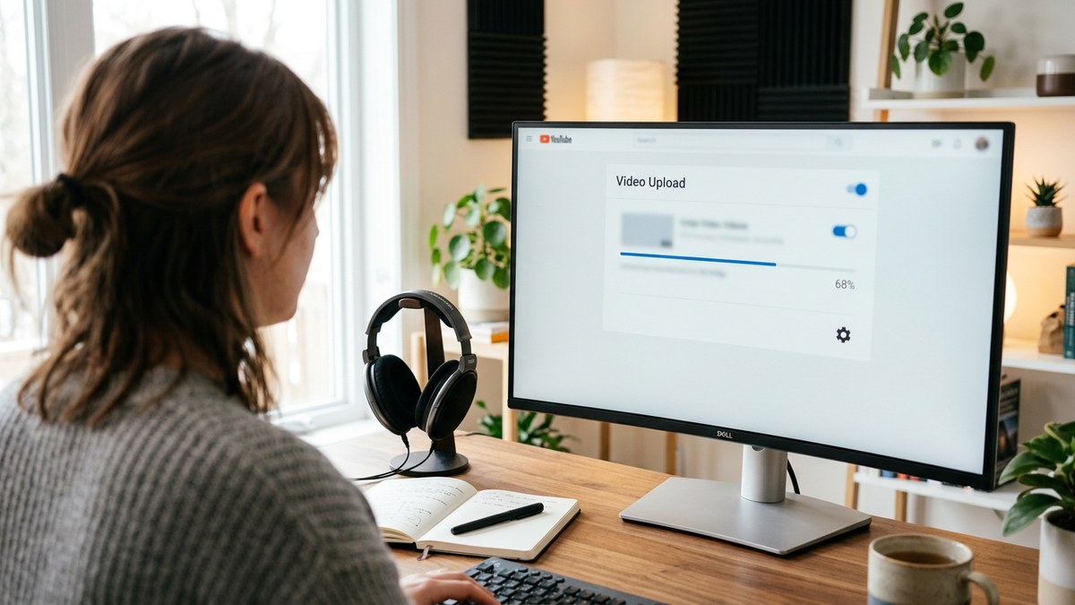 A creator at a desk reviewing the AI content disclosure toggle before publishing a video