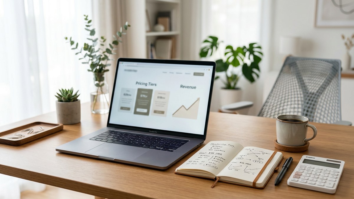 An AI influencer persona planning paid community tiers and pricing at a desk with a laptop
