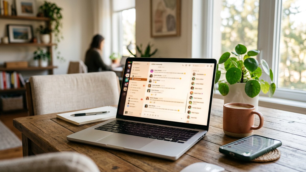 An AI influencer persona hosting a private fan community feed on a laptop