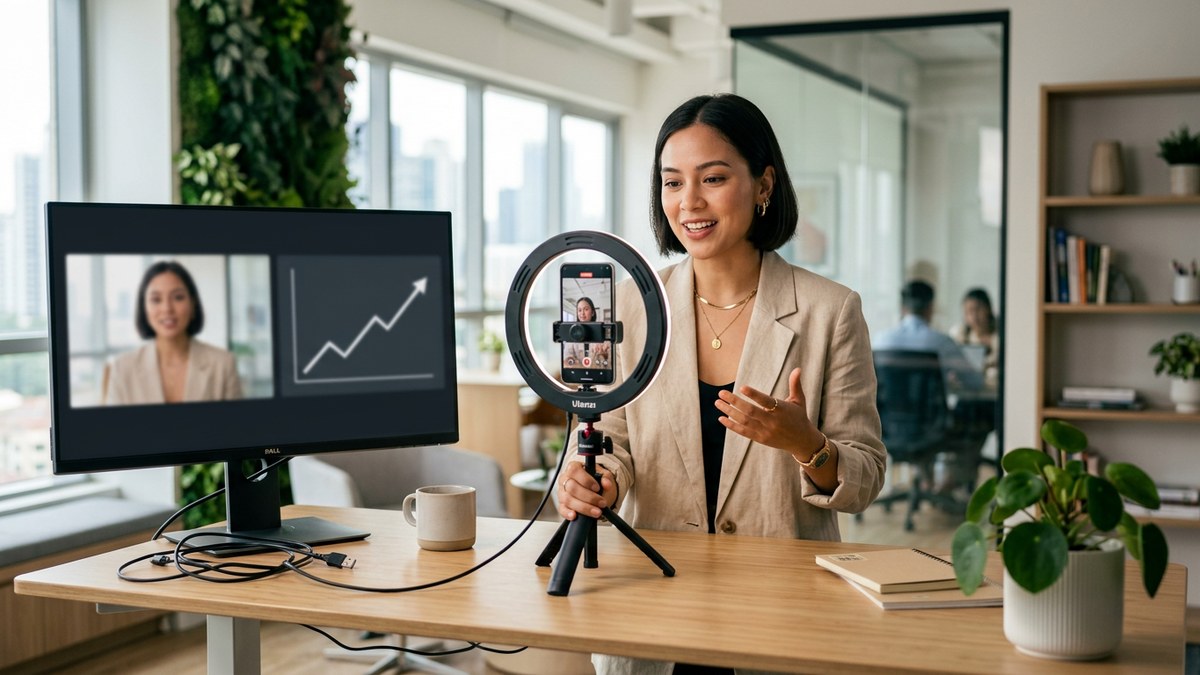 A creator reviewing an AI twin of their own face and voice posting daily reels on a laptop