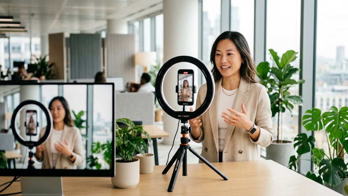 A founder reviewing an AI twin of their own face and voice on a laptop screen