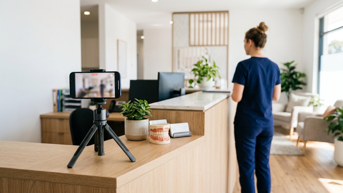 A bright dental clinic reception with a phone on a tripod recording a short patient education reel