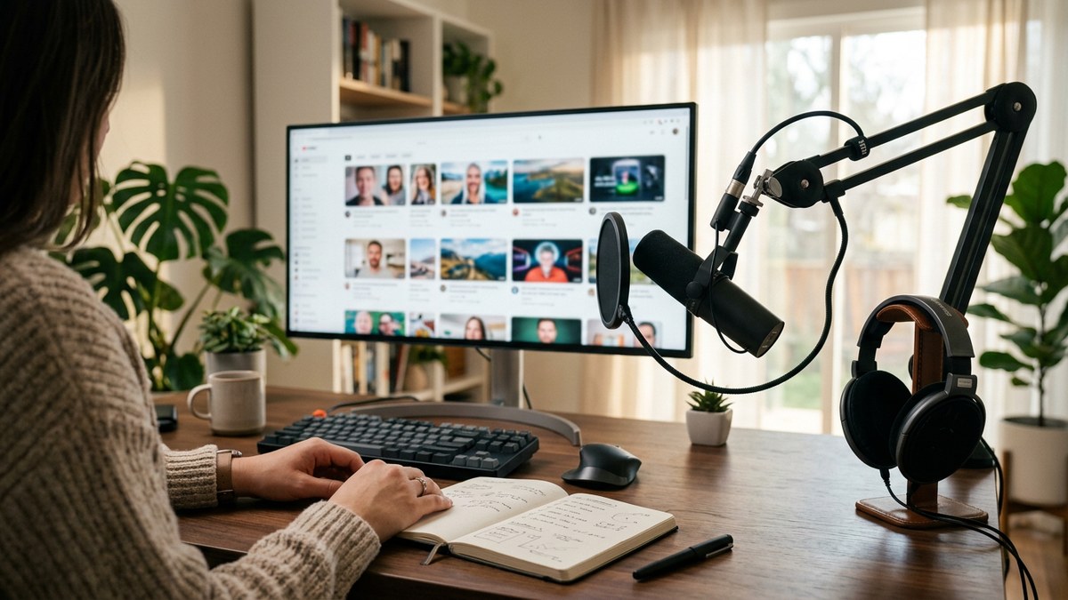 A faceless YouTube creator desk with a microphone, editing screen, and analytics dashboard
