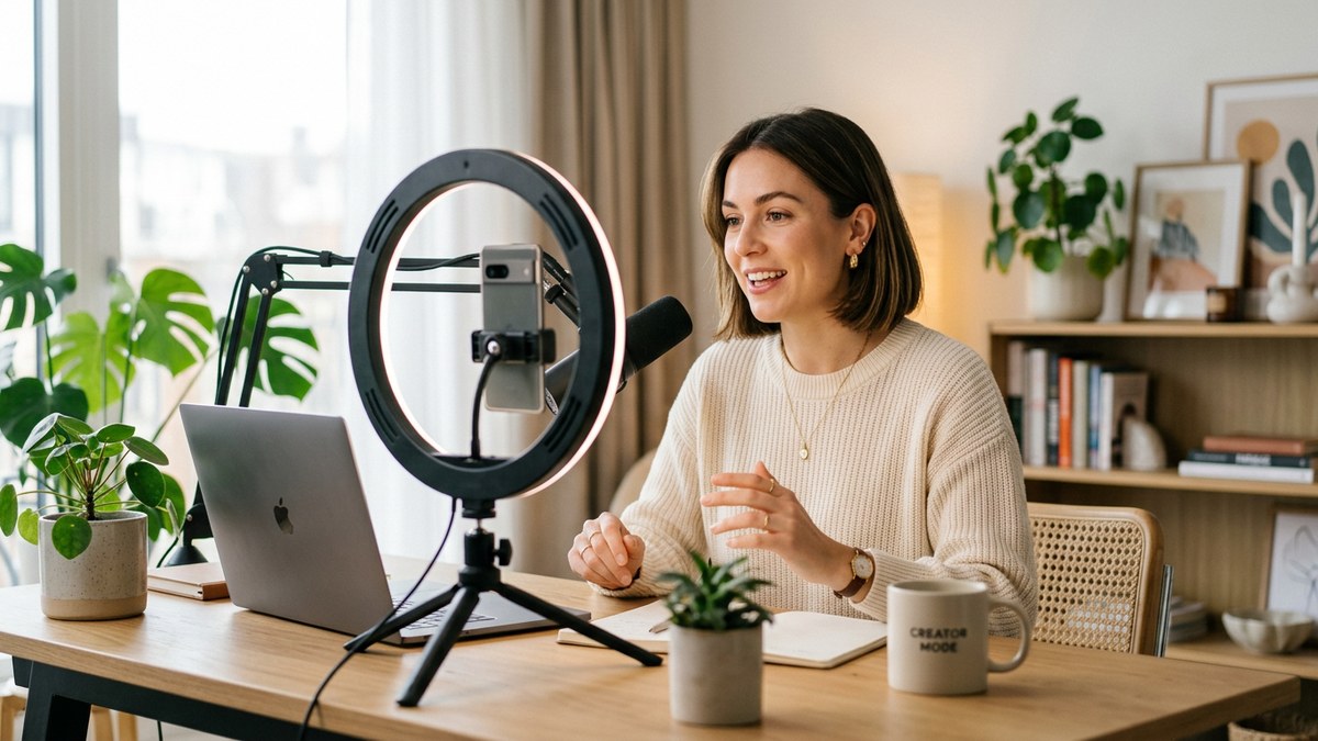 An AI-generated influencer persona at her creator desk, filming with a phone on a ring light