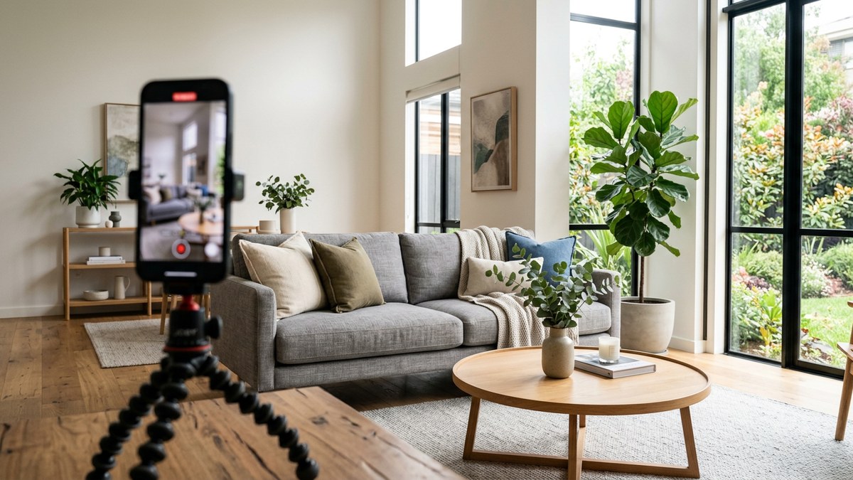 A bright staged living room with a gray sofa, a wood coffee table and tall windows, with a phone on a small tripod recording a vertical home tour video