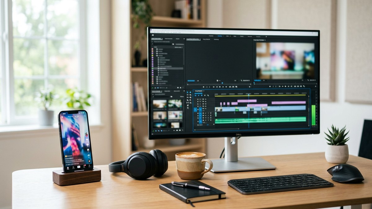 A faceless creator desk set up to ship both vertical YouTube Shorts and long-form video from one recurring AI host