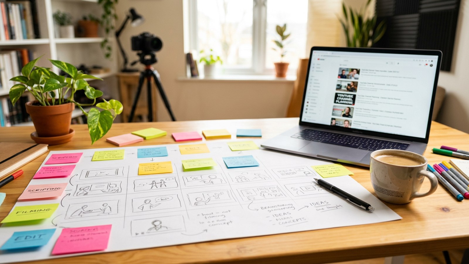 A planning desk with a storyboard grid of video thumbnail sketches and sticky notes grouping faceless channel ideas