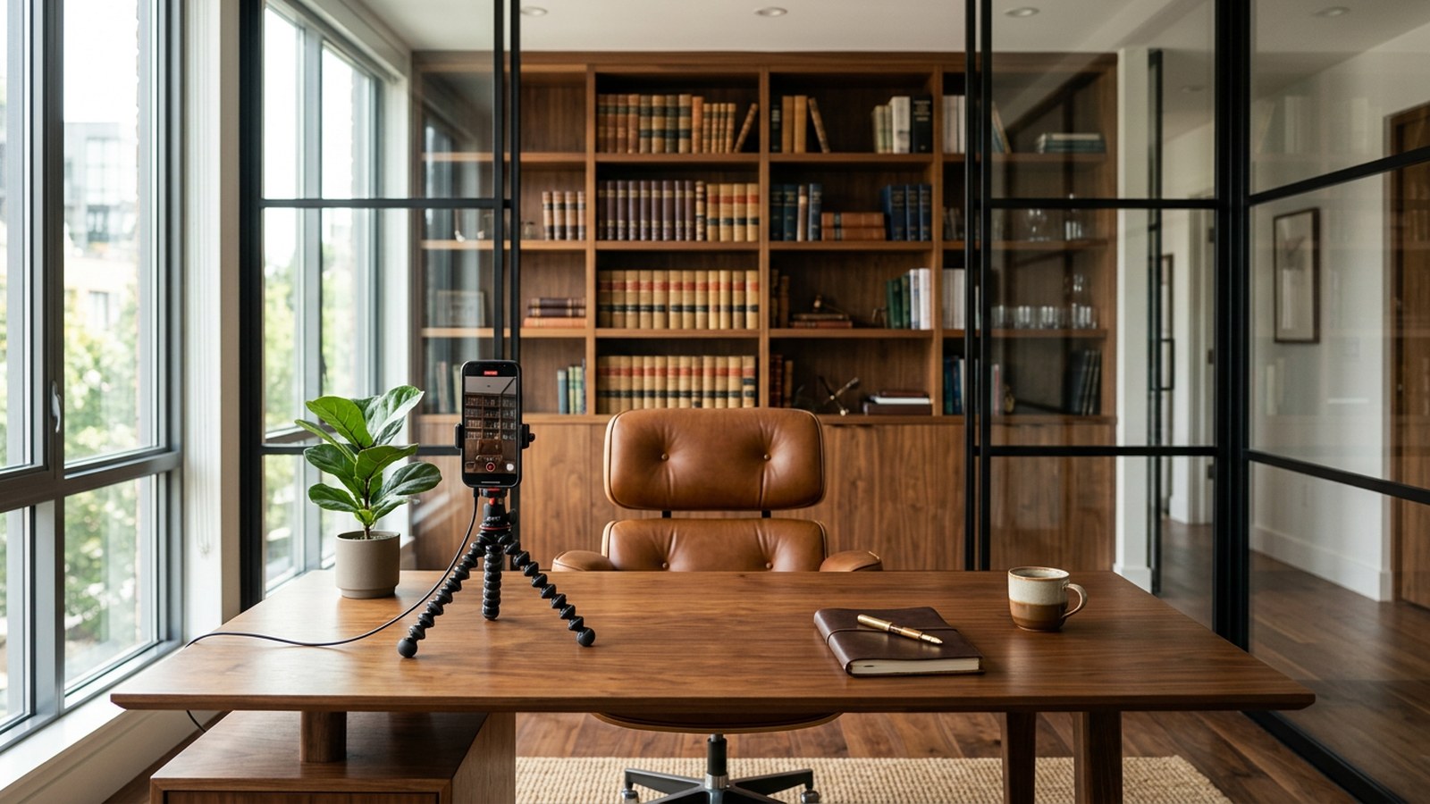 A quiet law office with wooden bookshelves and a desk, with a phone on a small tripod recording a vertical explainer video