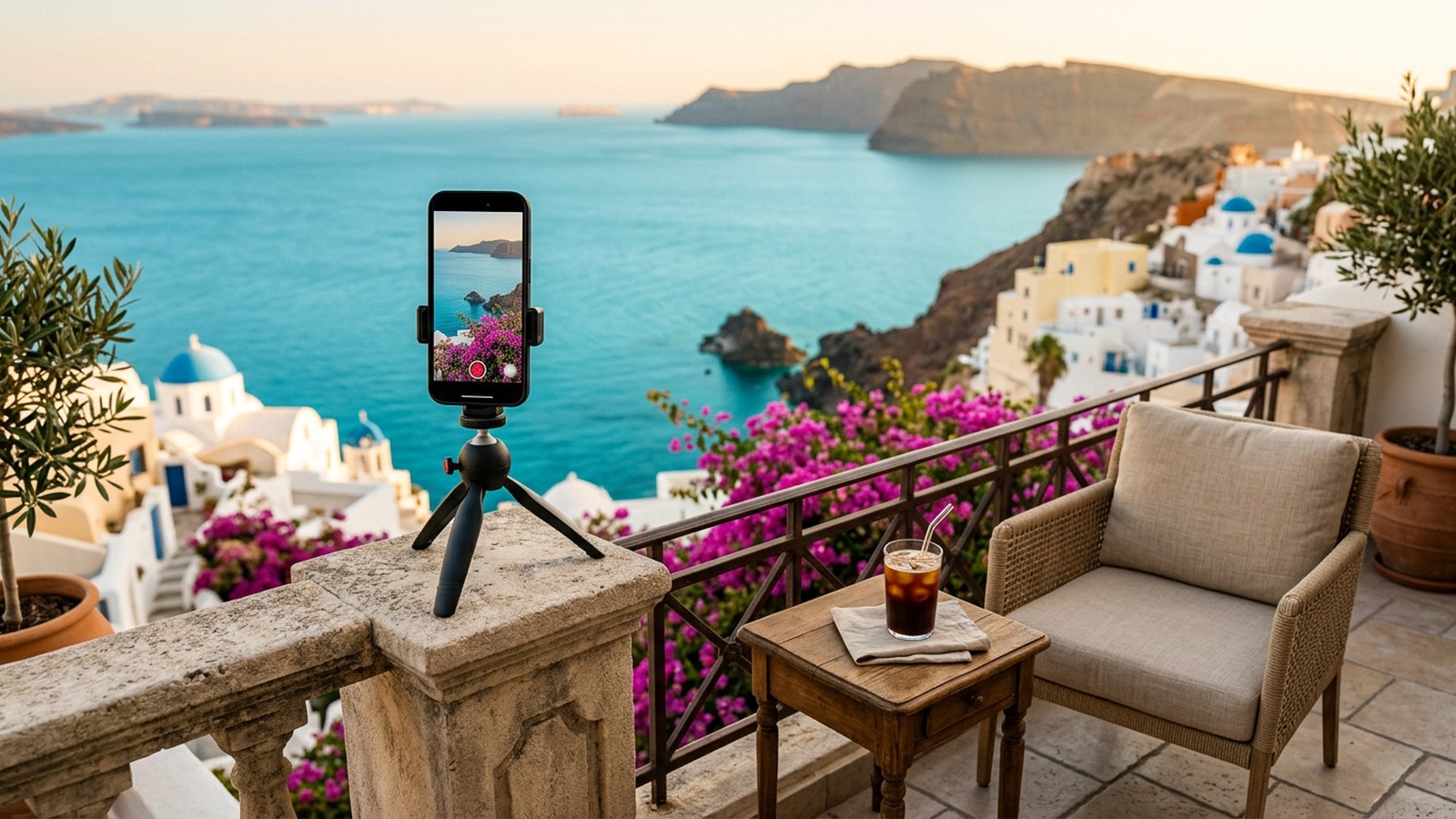 A sunlit hotel balcony above a turquoise bay, with a phone on a small tripod recording a vertical travel reel
