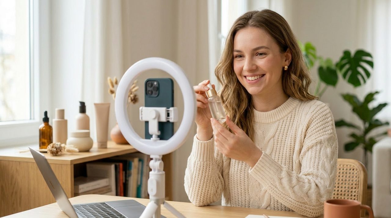 AI influencer persona filming an affiliate product review with a phone on a ring light