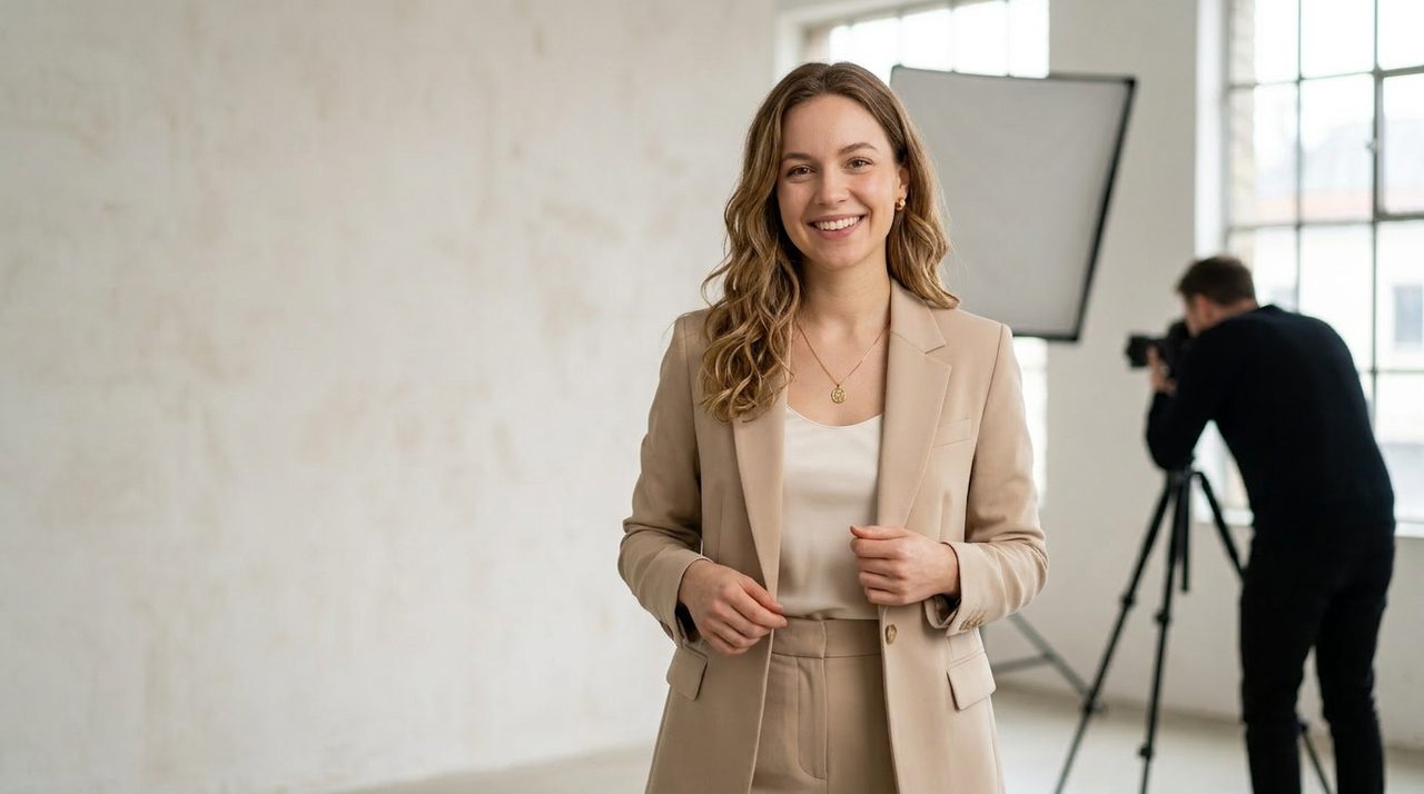 AI influencer persona on a brand campaign shoot in a bright studio