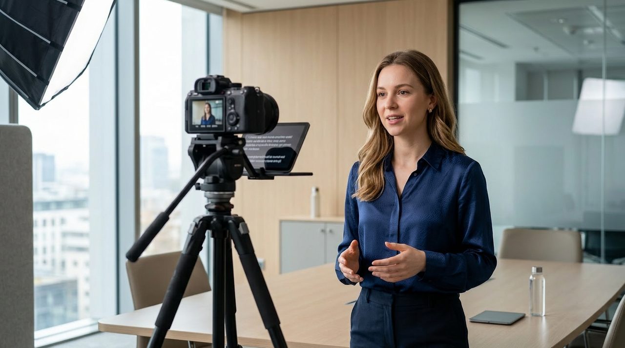 AI influencer persona recording a corporate spokesperson video in a modern office