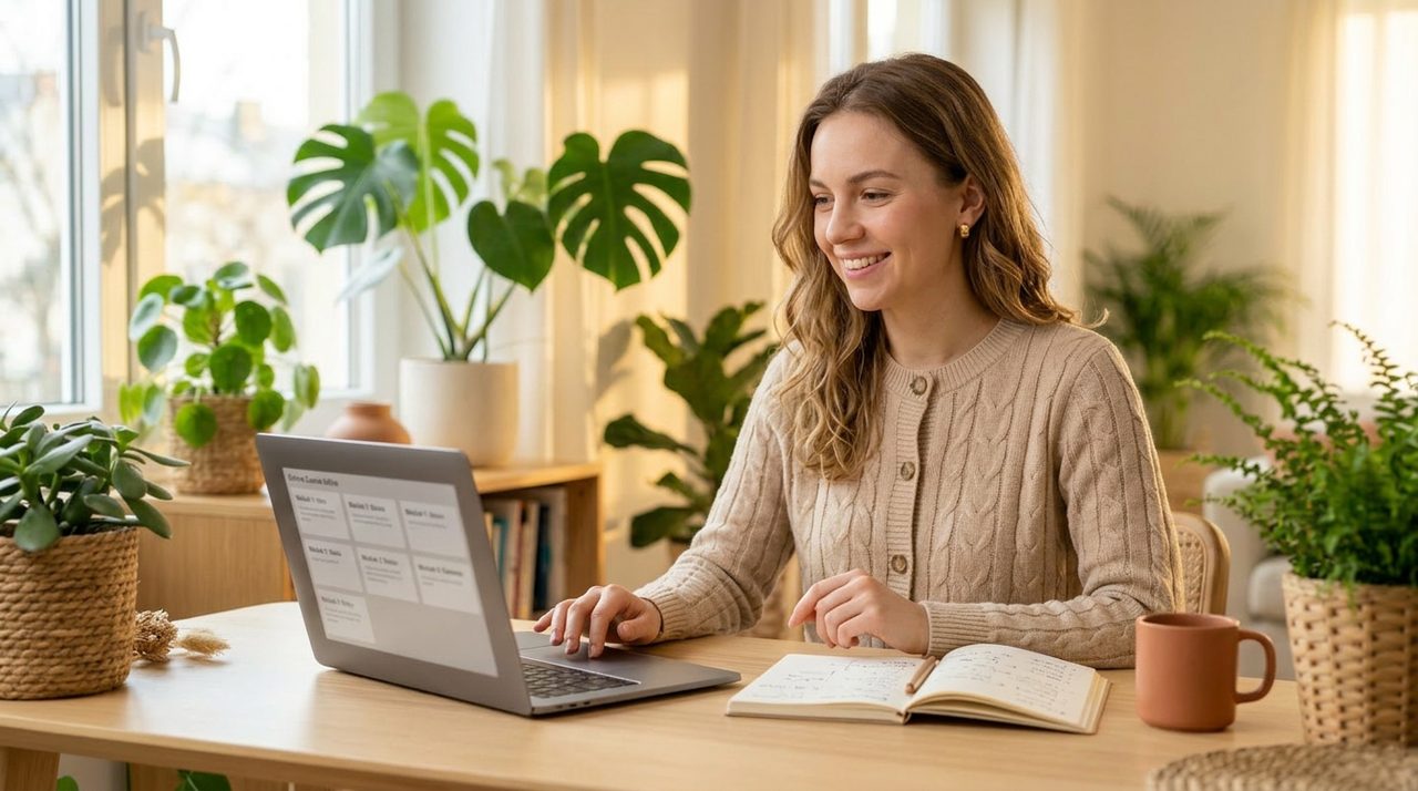 AI influencer operator planning an online course at a desk with a laptop and notebook