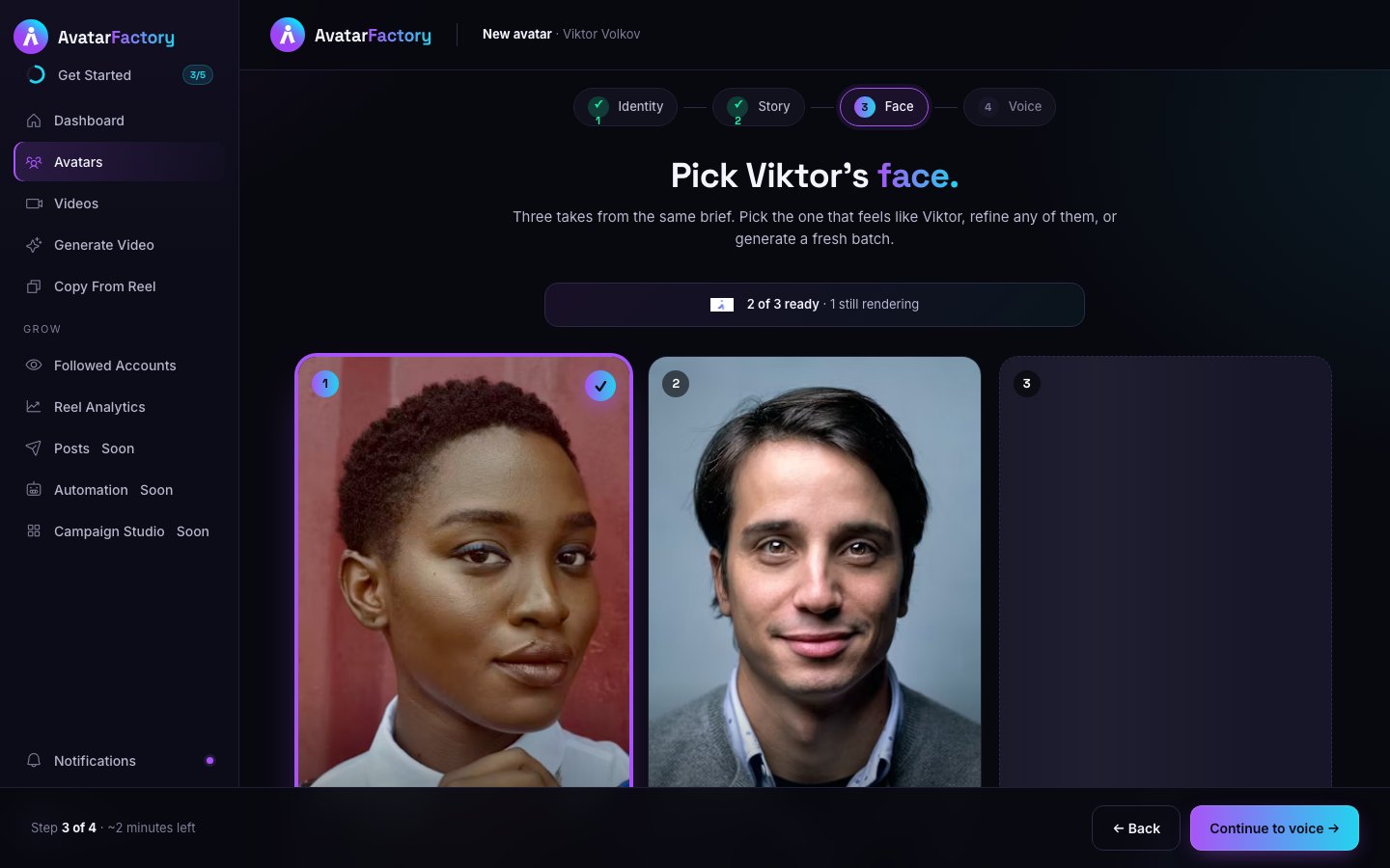 AvatarFactory avatar wizard face step with three generated takes