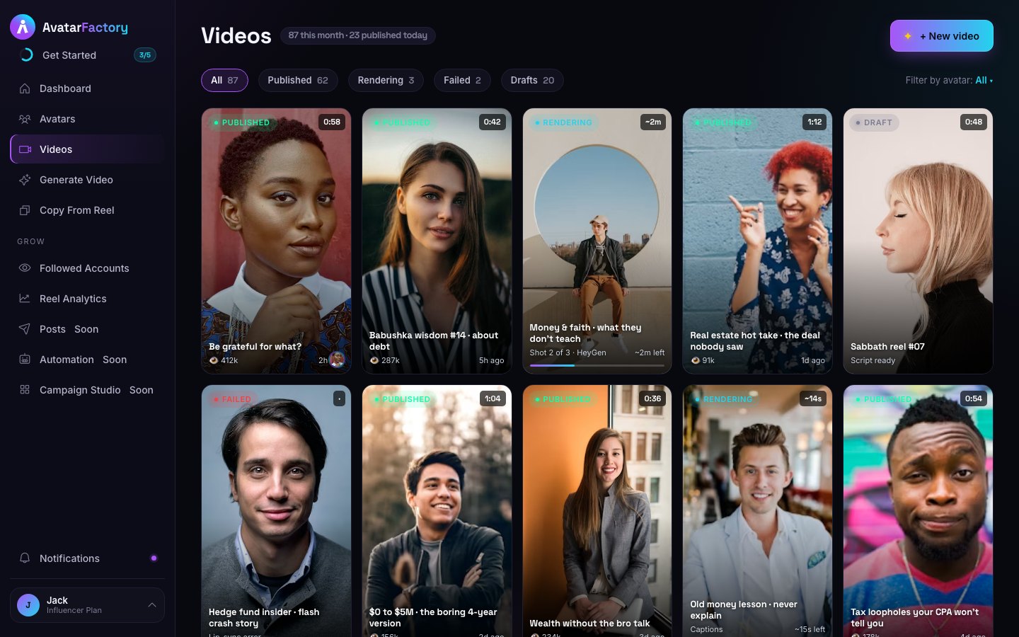 AvatarFactory video library with published, rendering and drafted reels
