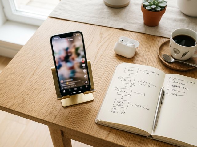 A phone in a desk holder showing a vertical reel beside a notebook of simple format ideas, an editorial flat-lay