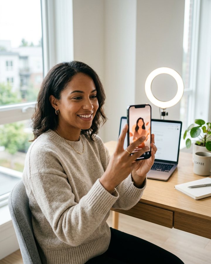 A creator filming Instagram Reels with an AI avatar from a phone at a bright home desk