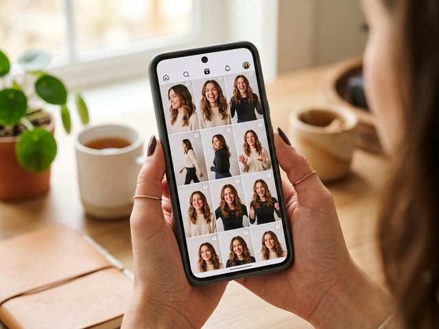 A phone showing a Reels grid of the same recognizable AI avatar face repeated across many short videos