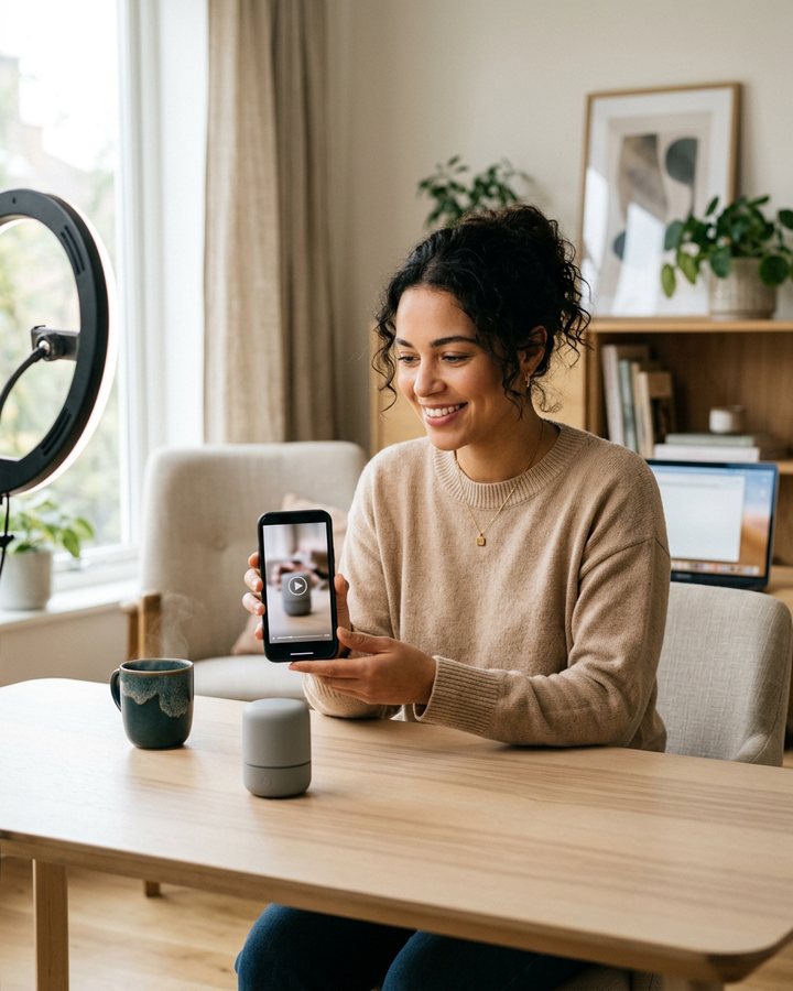 A creator running a faceless AI avatar affiliate review channel from a phone at a bright home desk