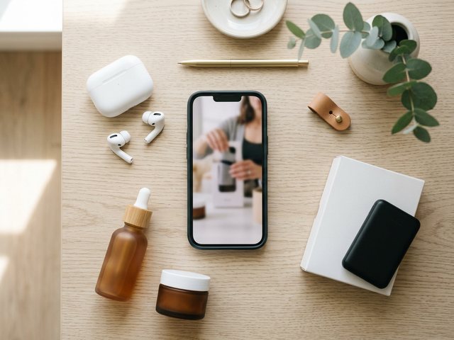 An editorial flat-lay of a phone reviewing small unbranded affiliate products on a bright desk