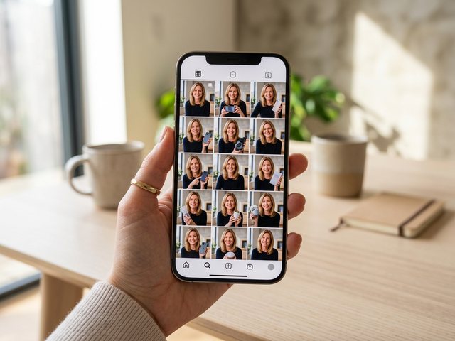 A phone showing a tidy grid of the same recognizable AI review host repeated across many product posts