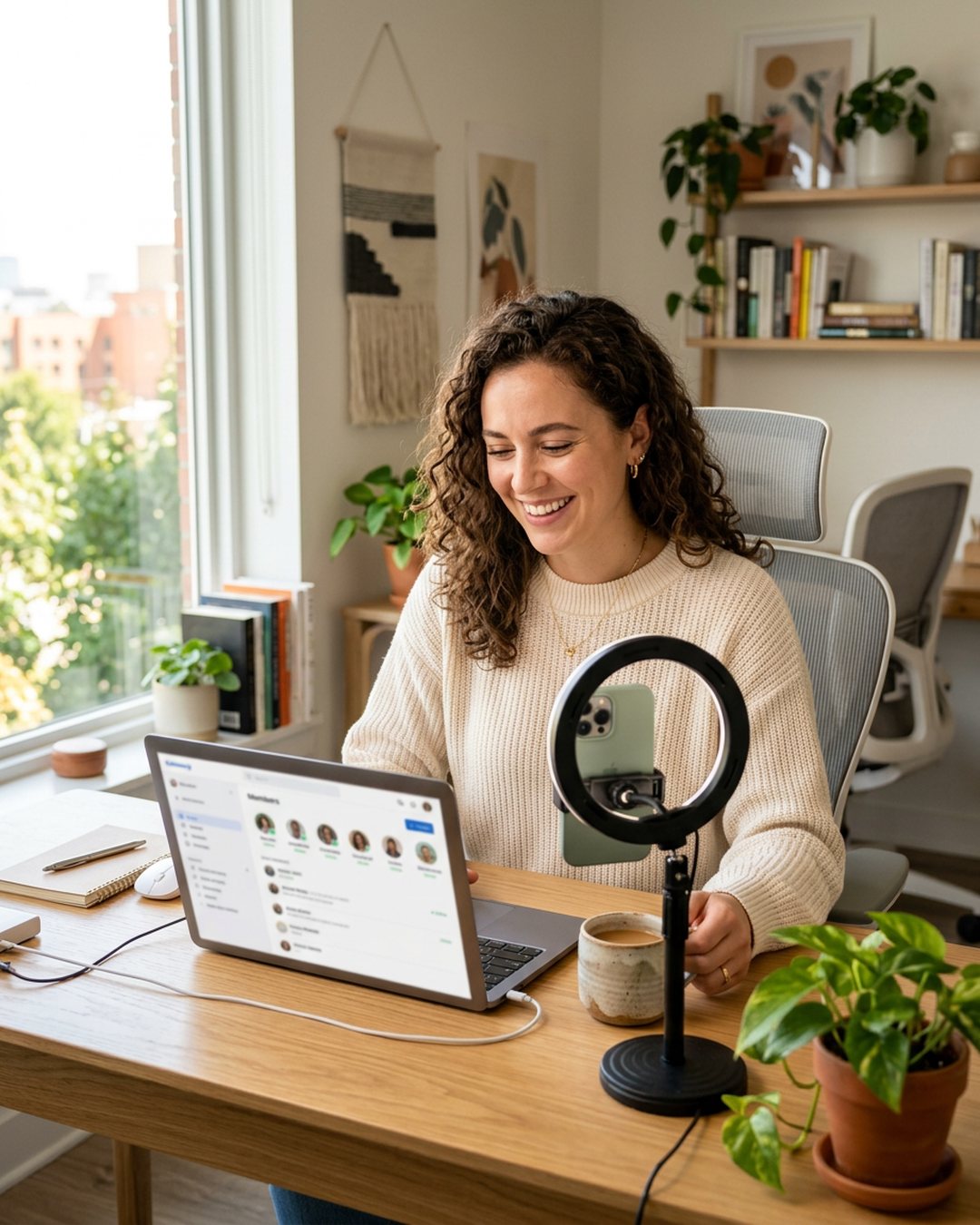A creator running a paid AI influencer community from a laptop and phone at a bright home desk
