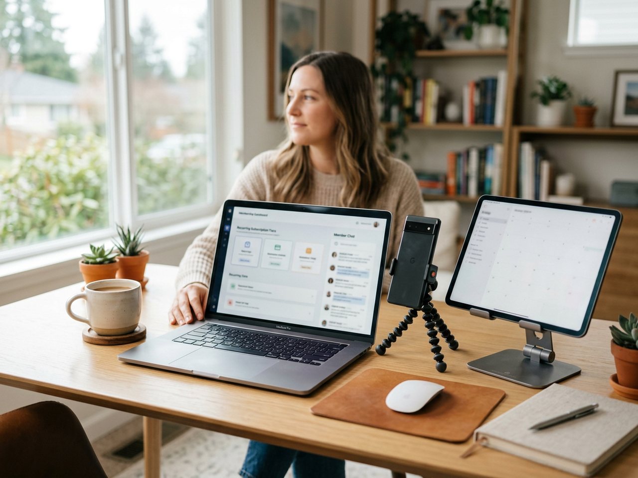 A laptop showing a membership dashboard with recurring subscription tiers on a bright desk