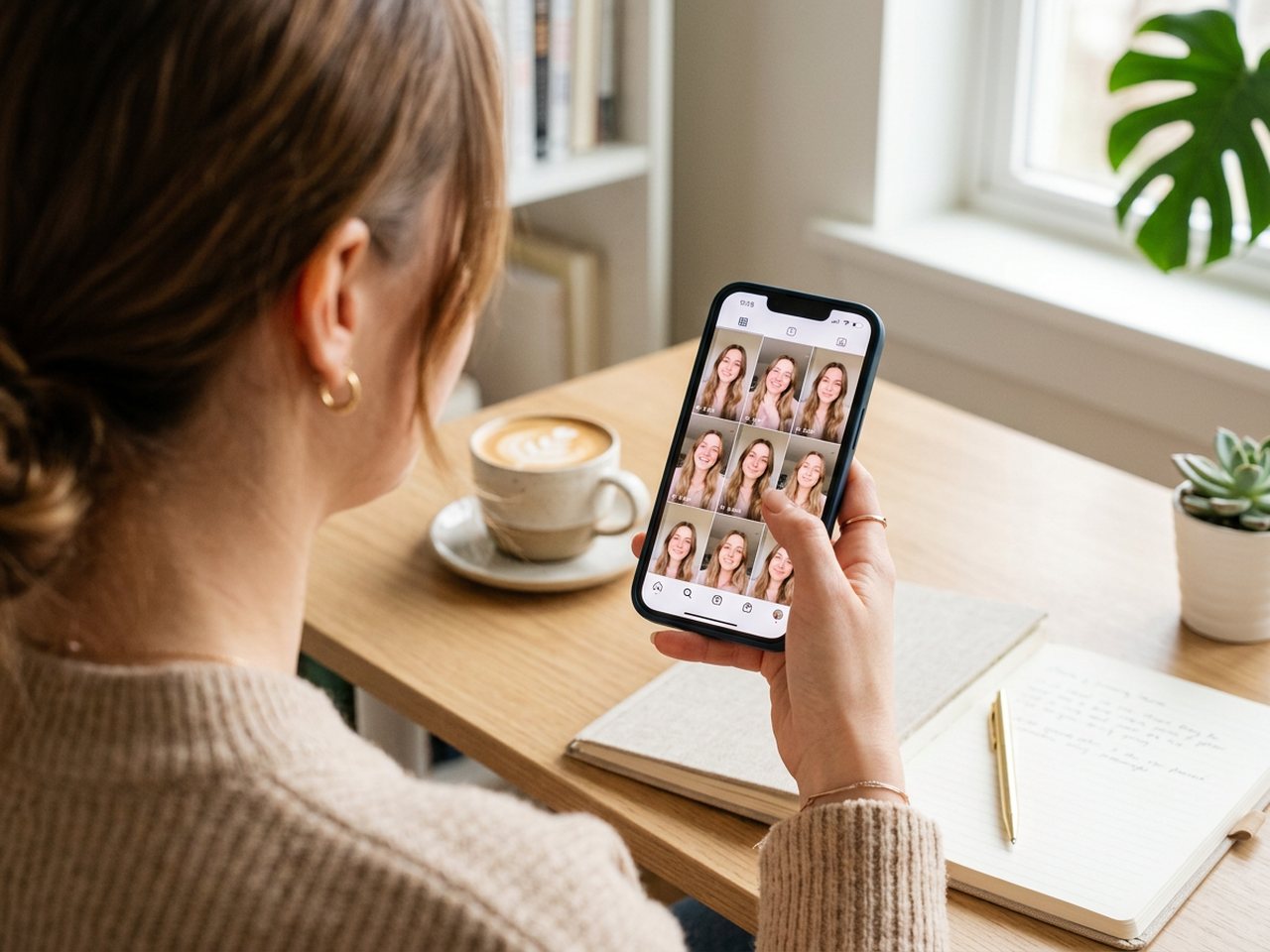 A phone showing a feed where the same recognizable AI influencer face repeats across many posts
