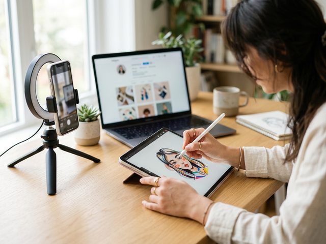 A creator designing an AI influencer character on a tablet at a bright desk, a phone on a ring light and a laptop showing a social profile behind