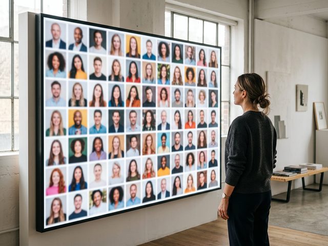 A person studying a large screen filled with a grid of consistent portrait-style creator photos in a bright gallery space