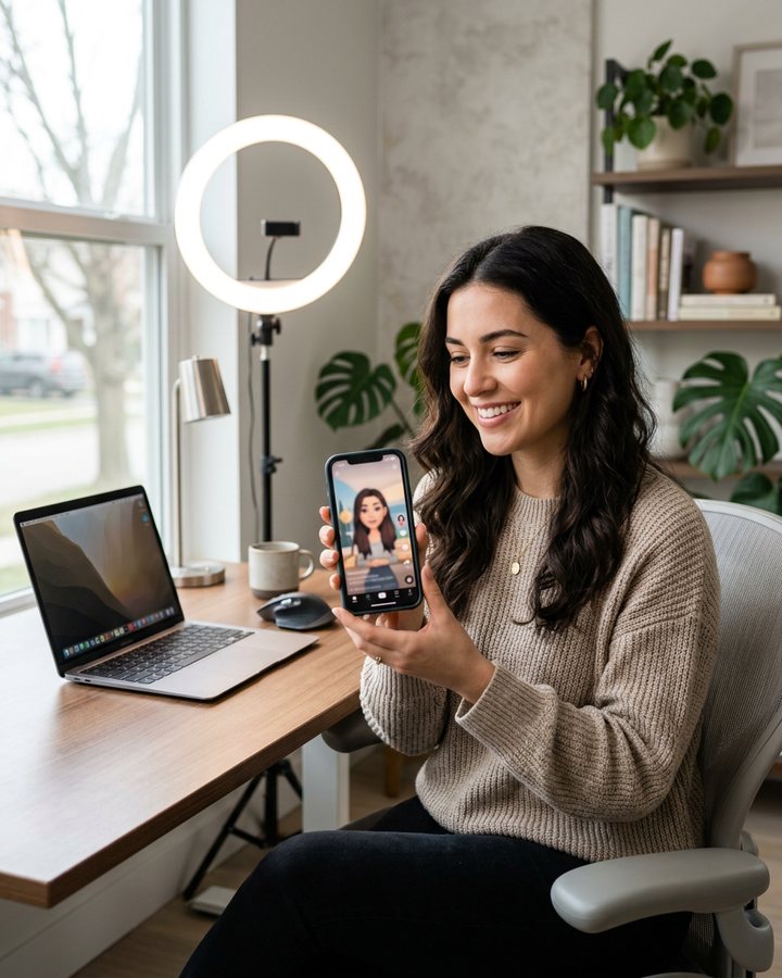 A creator running a faceless AI influencer channel from a phone at a bright home desk