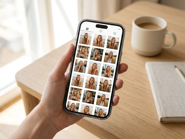 A phone showing a tidy grid of the same recognizable AI influencer face repeated across many posts