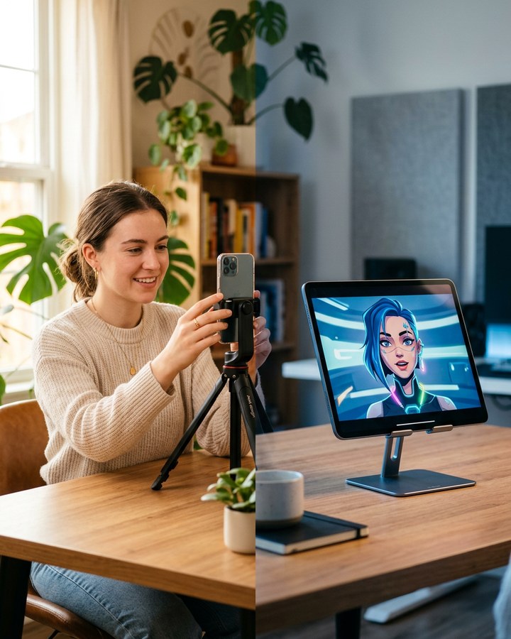 A creator at a desk looking between two phone screens, one showing their own face as an AI twin and one showing a synthetic AI influencer character