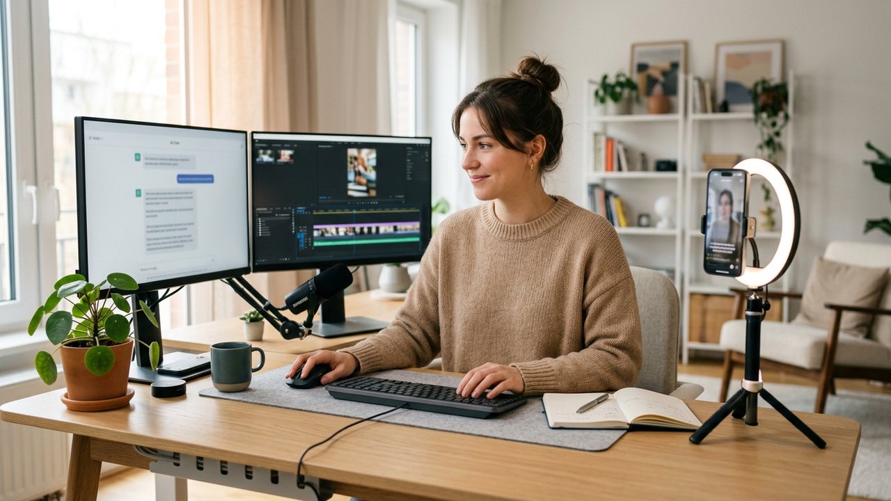 A ChatGPT chat in Developer Mode researching trends and writing an AI influencer reel script, next to a rendered captioned vertical video from AvatarFactory