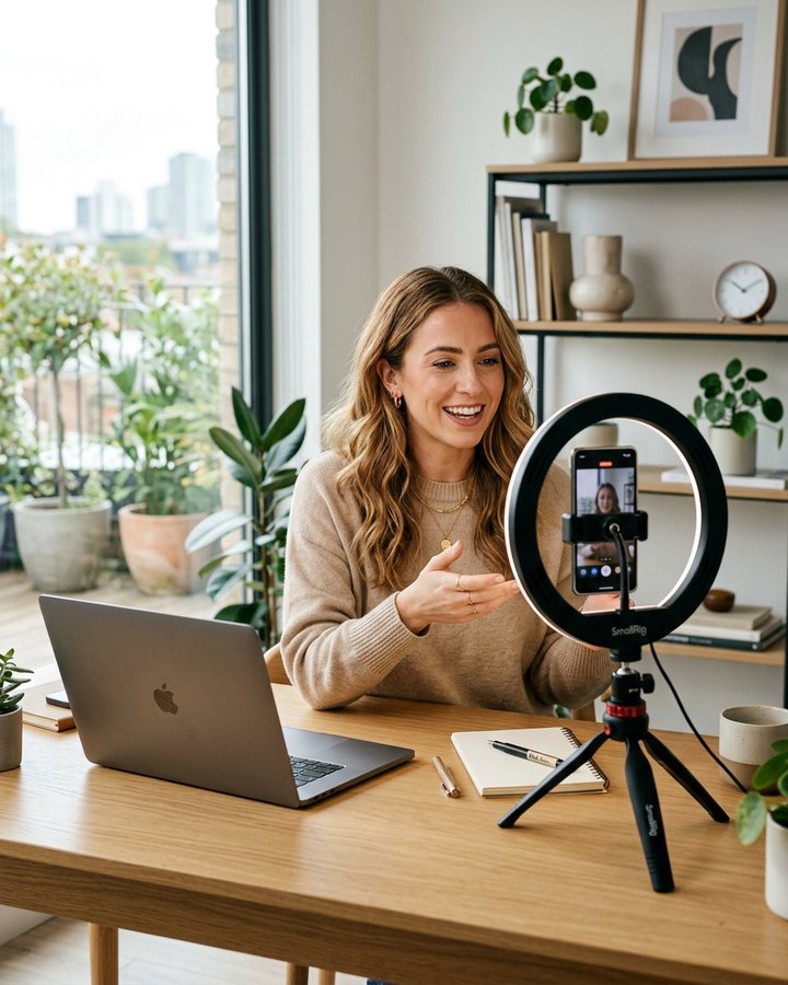 A founder recording short-form video at a bright modern desk while an AI twin renders the talking-head clip on a second screen