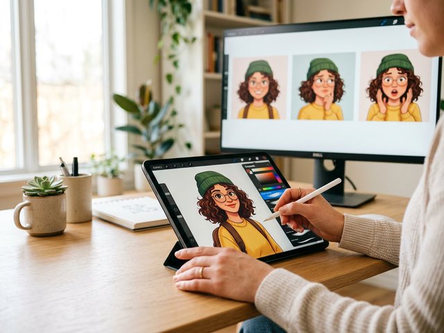 A tablet showing one AI influencer persona designed once and repeated as identical variations