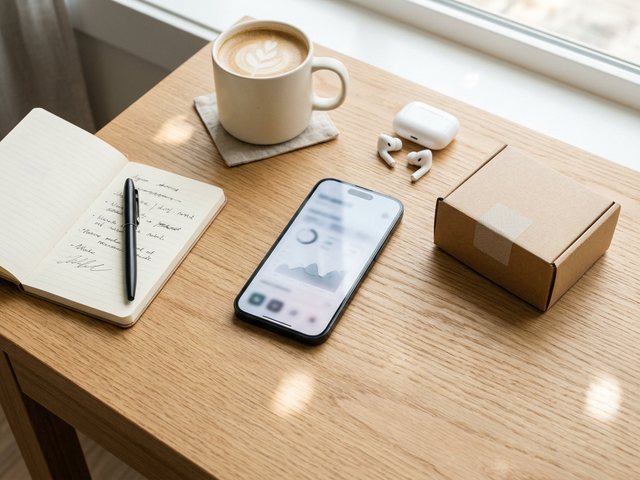 A phone surrounded by small cues of creator income paths, an editorial flat-lay