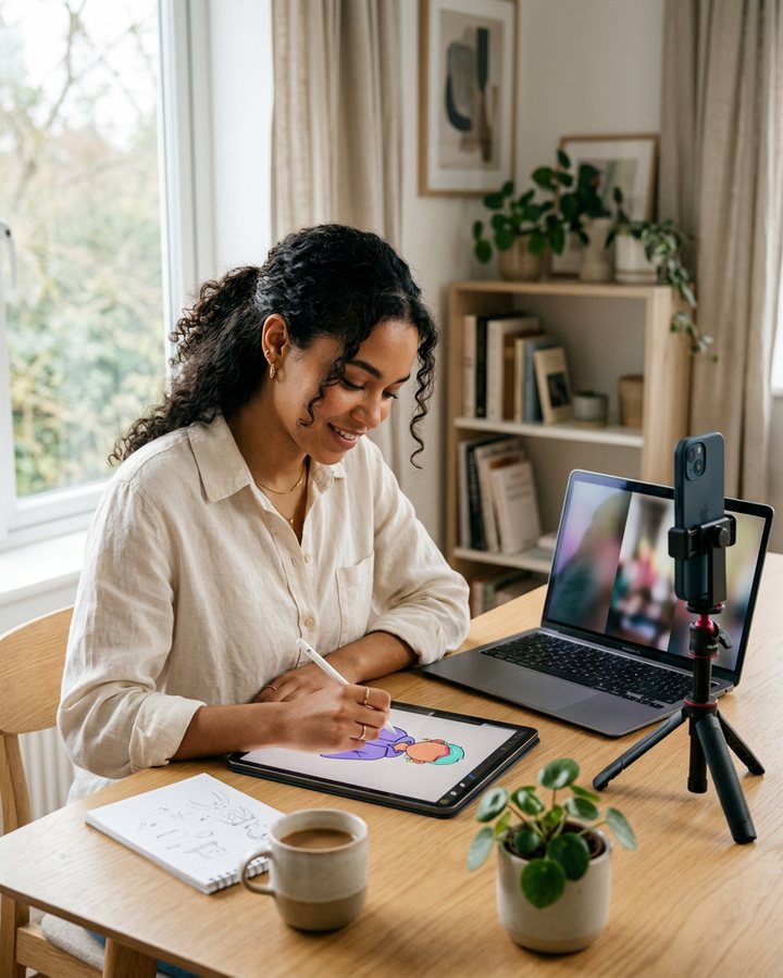 A creator designing an AI influencer persona on a tablet at a bright home desk