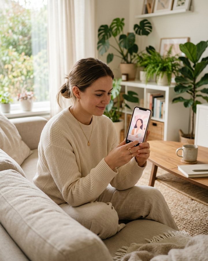 A creator running a faceless AI Instagram page from a phone on a sofa in a bright living room