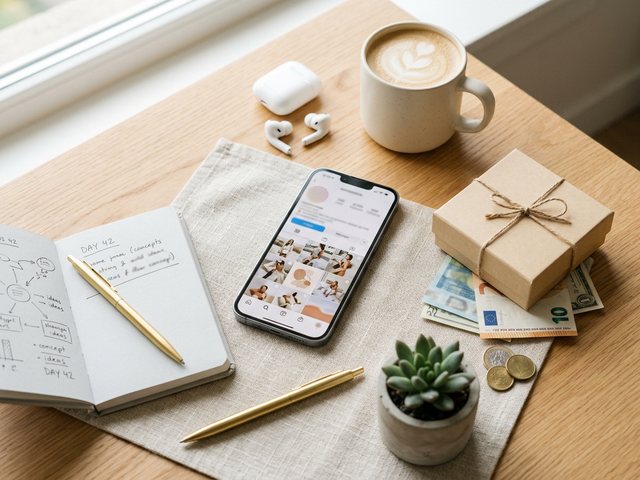 A phone showing a faceless Instagram feed surrounded by small cues of online income, an editorial flat-lay