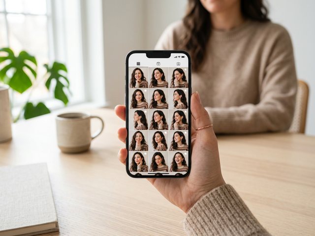 A phone showing a tidy Instagram grid where the same recognizable AI persona appears in every post