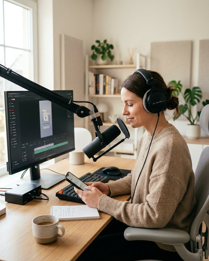 A creator running a faceless YouTube channel from a home studio desk with headphones and a microphone, never on camera