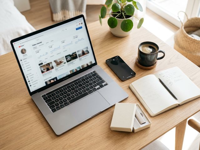 A laptop on a bright desk showing a video-channel dashboard beside a phone, notebook, and a small product box