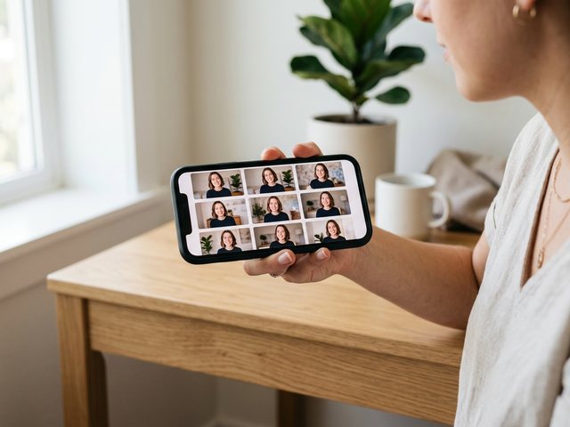A phone showing a grid of short-form video thumbnails that all feature the same recurring AI host face