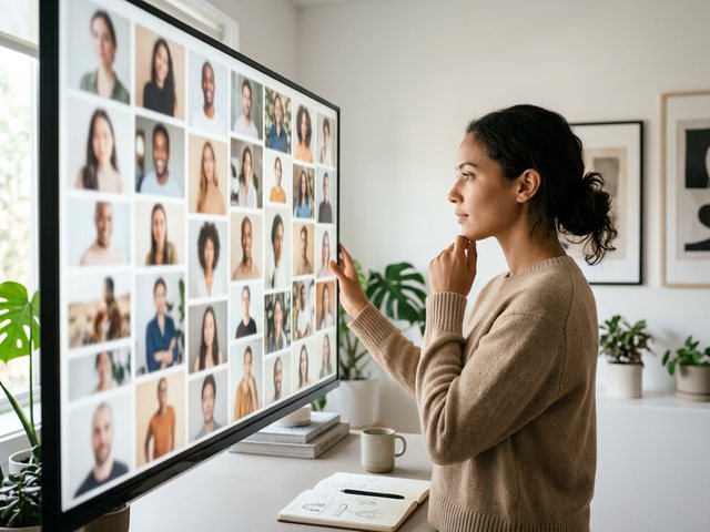 A person studying a softly blurred gallery of creator portraits on a large bright screen