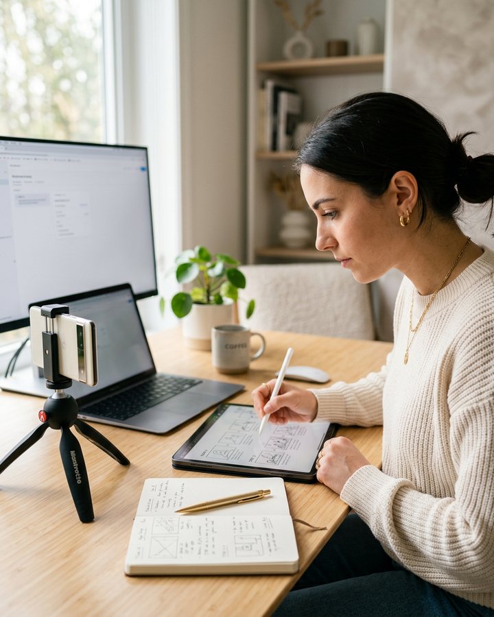 A creator mapping a three-tier digital product price ladder on a tablet at a bright home desk