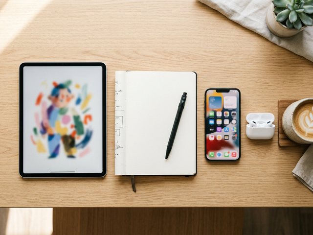 An overhead desk flat-lay showing an ordered creative process from character design to a finished video