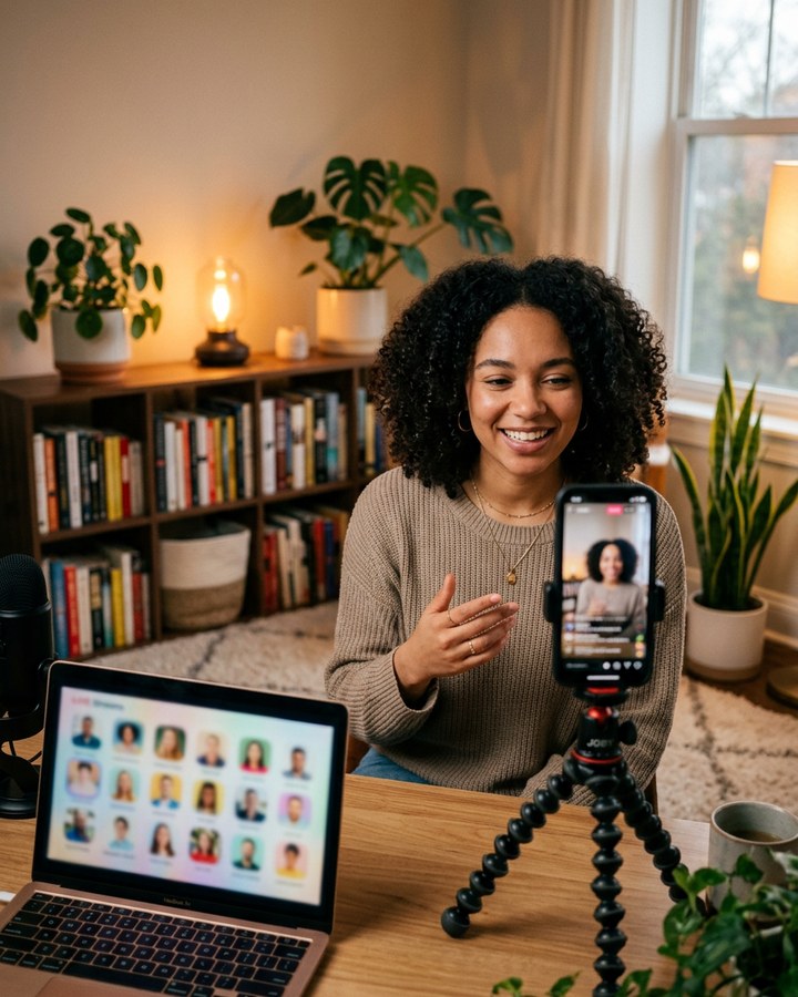 A creator reviewing paid community membership growth on a laptop at a bright home desk