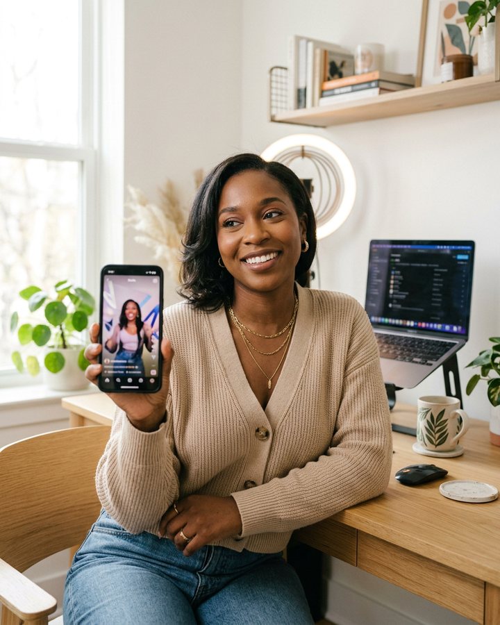 A creator running a faceless AI influencer channel for Instagram Reels from a phone at a bright home desk
